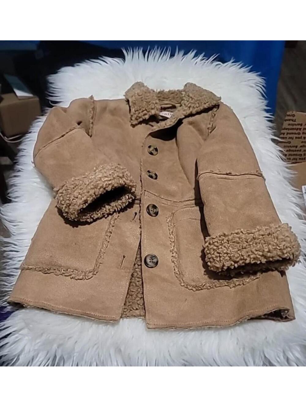 Biscotti Collezioni Girls Faux Suede Shearling Coat Tan Brown 5T Button Front
